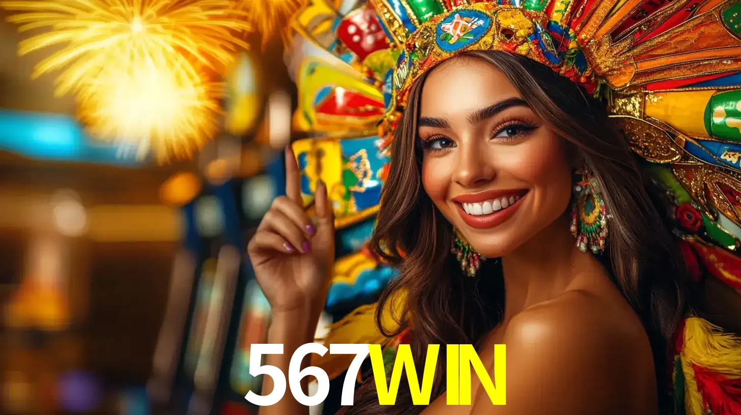 Mulher sorridente com um cocar de carnaval vibrante e colorido, celebrando uma grande vitória nos jogos do cassino 567WIN com fogos de artifício ao fundo.