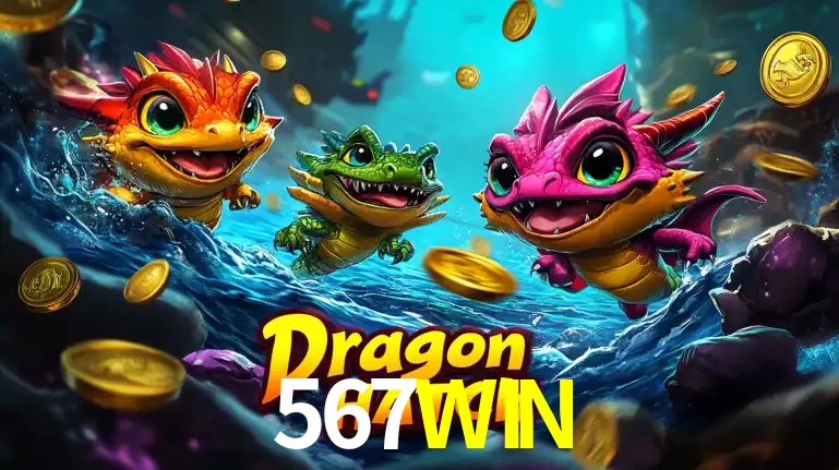 Arte promocional do jogo Dragon Hatch com três adoráveis dragões bebês nadando entre moedas de ouro, um dos slots mais divertidos para jogar no cassino 567WIN.