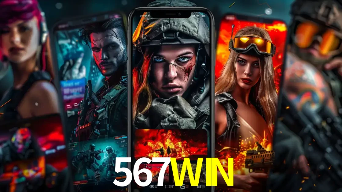 Montagem de telas de celular mostrando diversos personagens, masculinos e femininos, de um jogo de tiro, ilustrando a diversidade de equipes de e-sports para apostar no 567WIN.