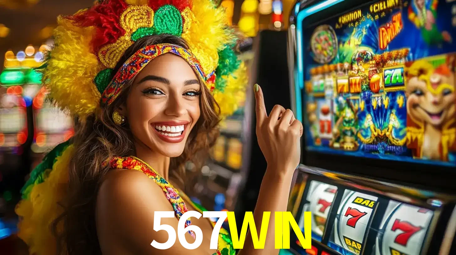 Mulher animada com um cocar de carnaval apontando para uma máquina de caça-níqueis, mostrando a emoção de ganhar um grande prêmio nos jogos do 567WIN.