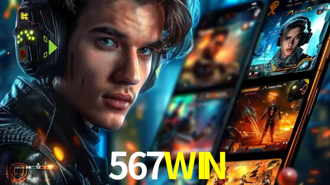 Jovem jogador com fones de ouvido olhando para a câmera, com um aplicativo de jogos e e-sports para celular ao fundo, pronto para a competição e apostas no 567WIN.