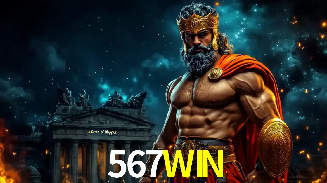 O poderoso Zeus do jogo de slot Gates of Olympus em frente ao seu templo, pronto para lançar multiplicadores divinos e prêmios épicos no cassino online 567WIN.