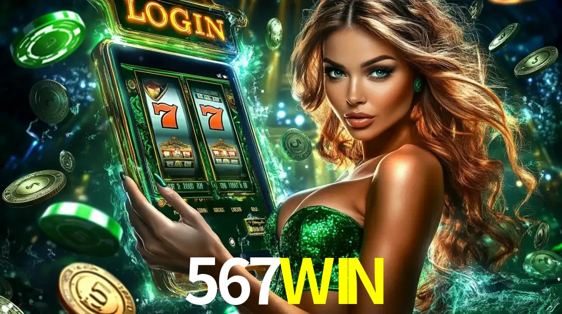 Mulher com tema verde apresentando o aplicativo do cassino 567WIN com um jogo de slot de 777, cercada por fichas de cassino e uma aura de sorte.