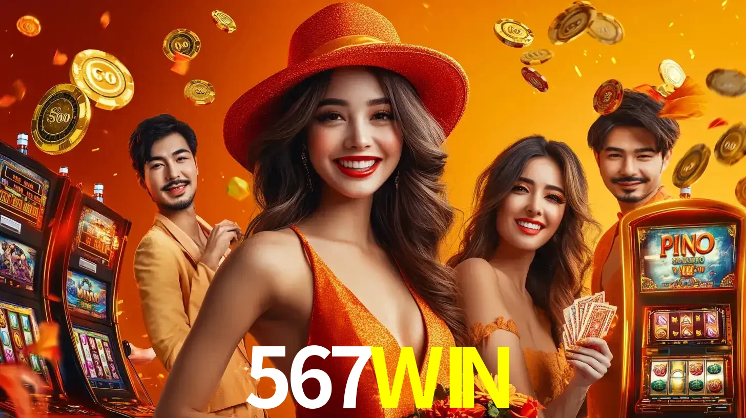 Grupo de amigos asiáticos sorrindo e se divertindo com máquinas de caça-níqueis em um ambiente festivo, celebrando suas vitórias nos jogos de cassino do 567WIN.