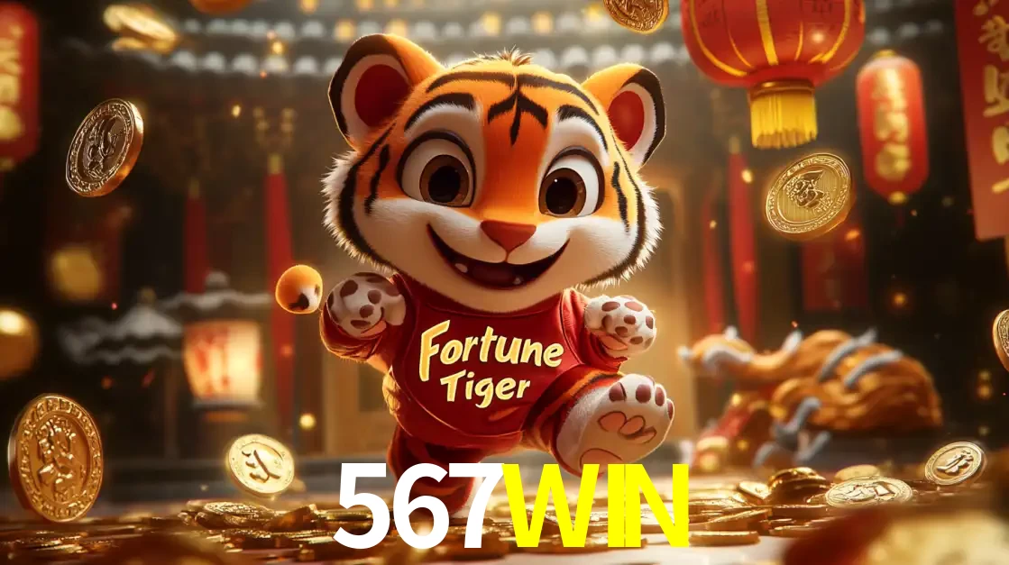 O alegre personagem do Fortune Tiger correndo sobre um caminho de moedas de ouro, simbolizando os grandes prêmios e a diversão do popular jogo de slot do 567WIN.