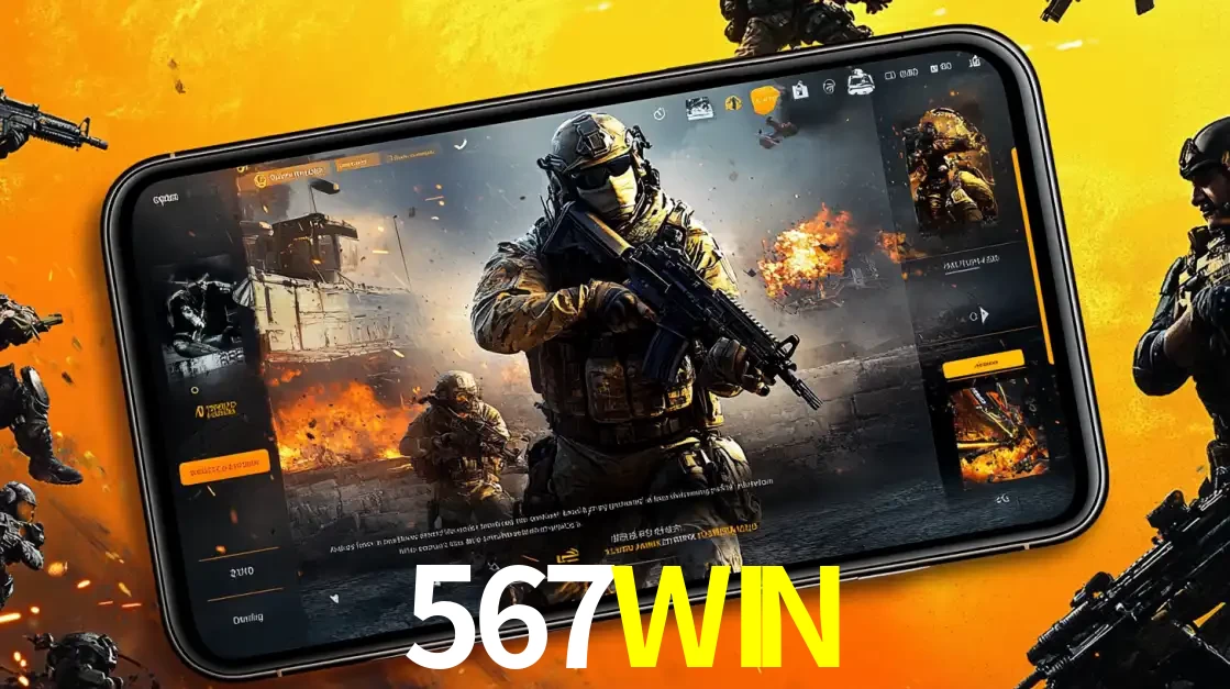 Um smartphone exibindo a interface de um jogo de tiro em primeira pessoa, com um soldado em um cenário de batalha, representando a ação dos e-sports para apostar no 567WIN.