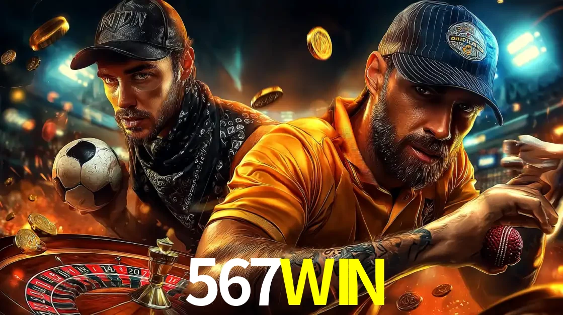 Montagem de apostas esportivas e cassino no 567WIN, com um homem segurando uma bola de futebol e outro uma de beisebol sobre uma roleta e moedas voadoras.