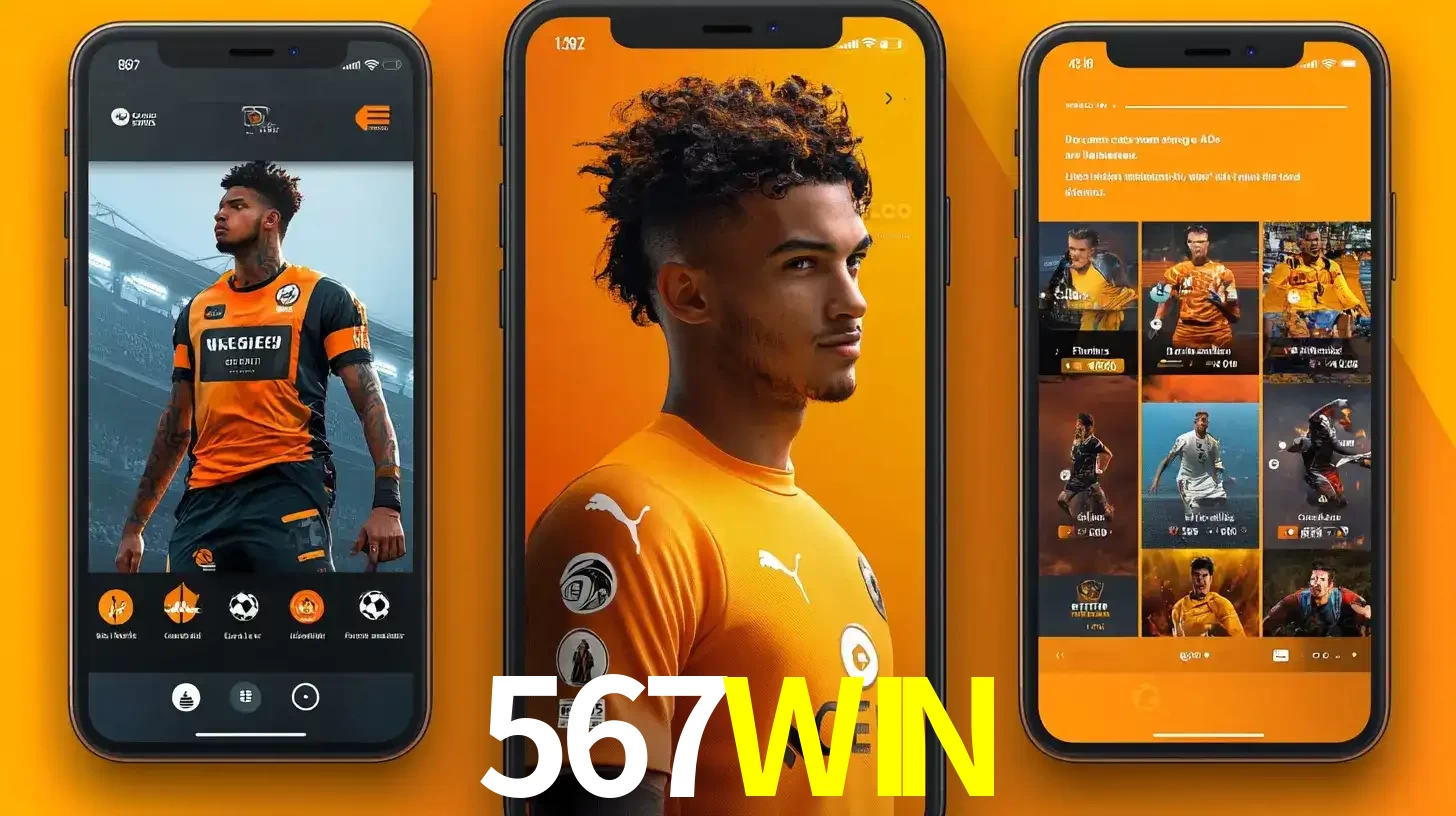 Interface do aplicativo de apostas esportivas 567WIN em três telas de celular, mostrando o perfil de um jogador de futebol e a lista de jogos disponíveis para apostar.