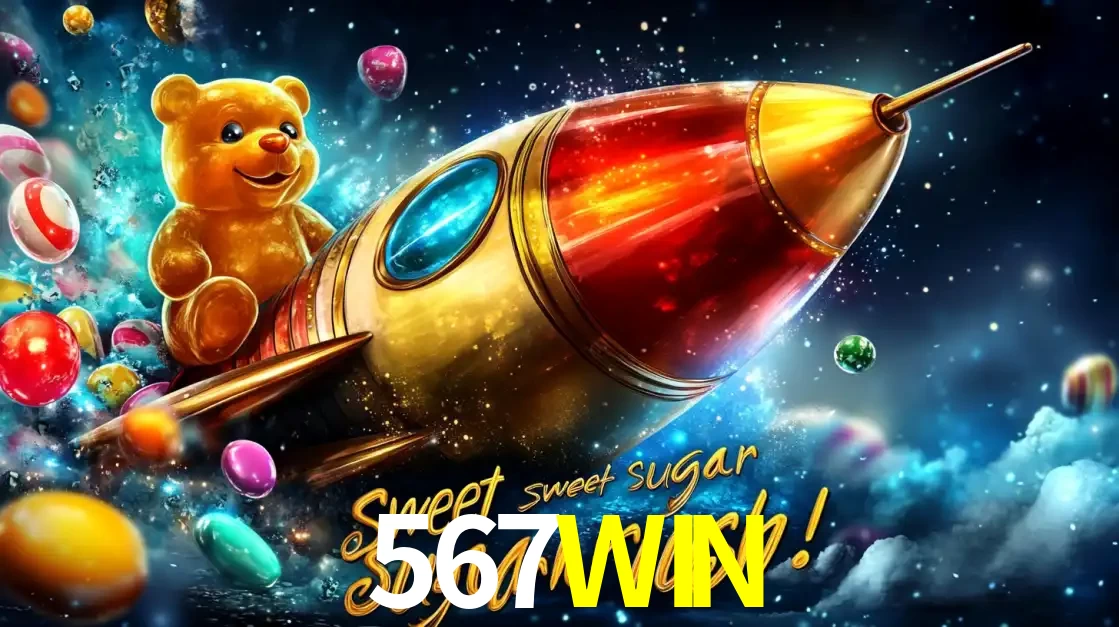 Arte promocional do jogo de slot Sugar Rush, com um urso de pelúcia em um foguete viajando pelo espaço de doces, um dos jogos divertidos disponíveis no cassino 567WIN.