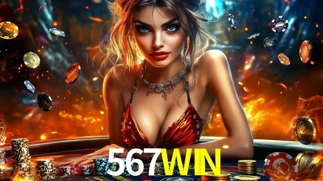 Mulher em uma mesa de cassino com pilhas de fichas e um fundo de fogo, pronta para uma rodada de altas apostas nos jogos de mesa emocionantes do cassino 567WIN.