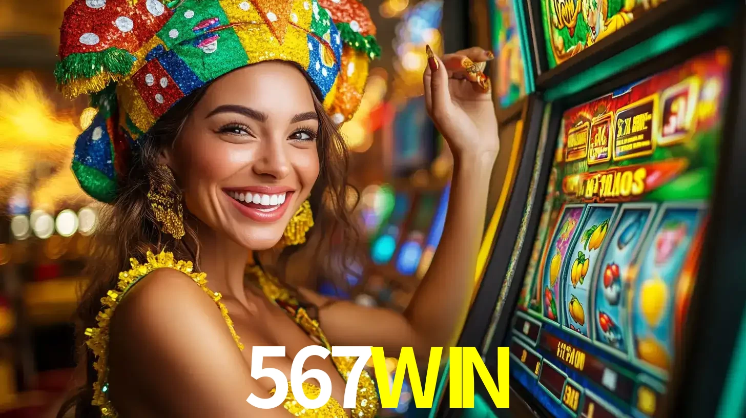 Mulher feliz com traje de carnaval amarelo e colorido ao lado de uma máquina de caça-níqueis, aproveitando a diversão e os jogos temáticos do cassino 567WIN.