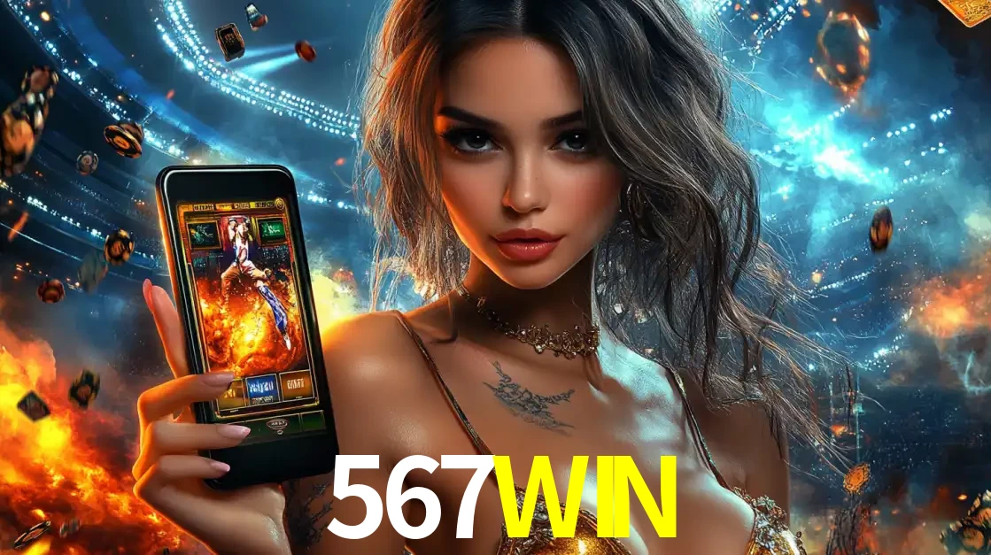 Mulher segurando um celular com um jogo de slot em destaque, tendo como fundo um estádio vibrante, simbolizando a emoção de jogar no cassino móvel 567WIN.