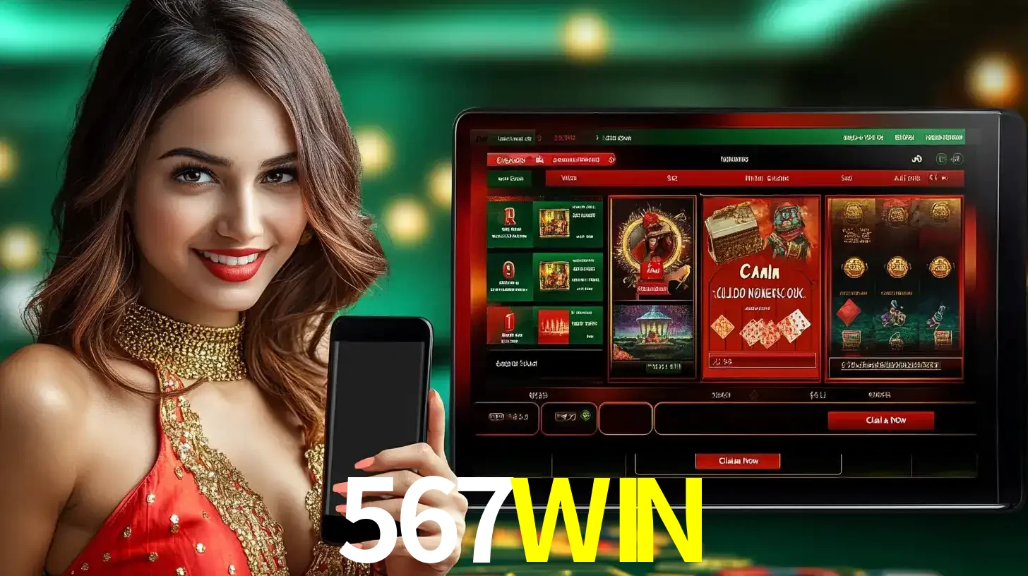 Mulher sorridente segurando um smartphone, ao lado de uma tela exibindo o lobby de jogos do cassino online 567WIN, com várias opções de jogos de cartas e slots.